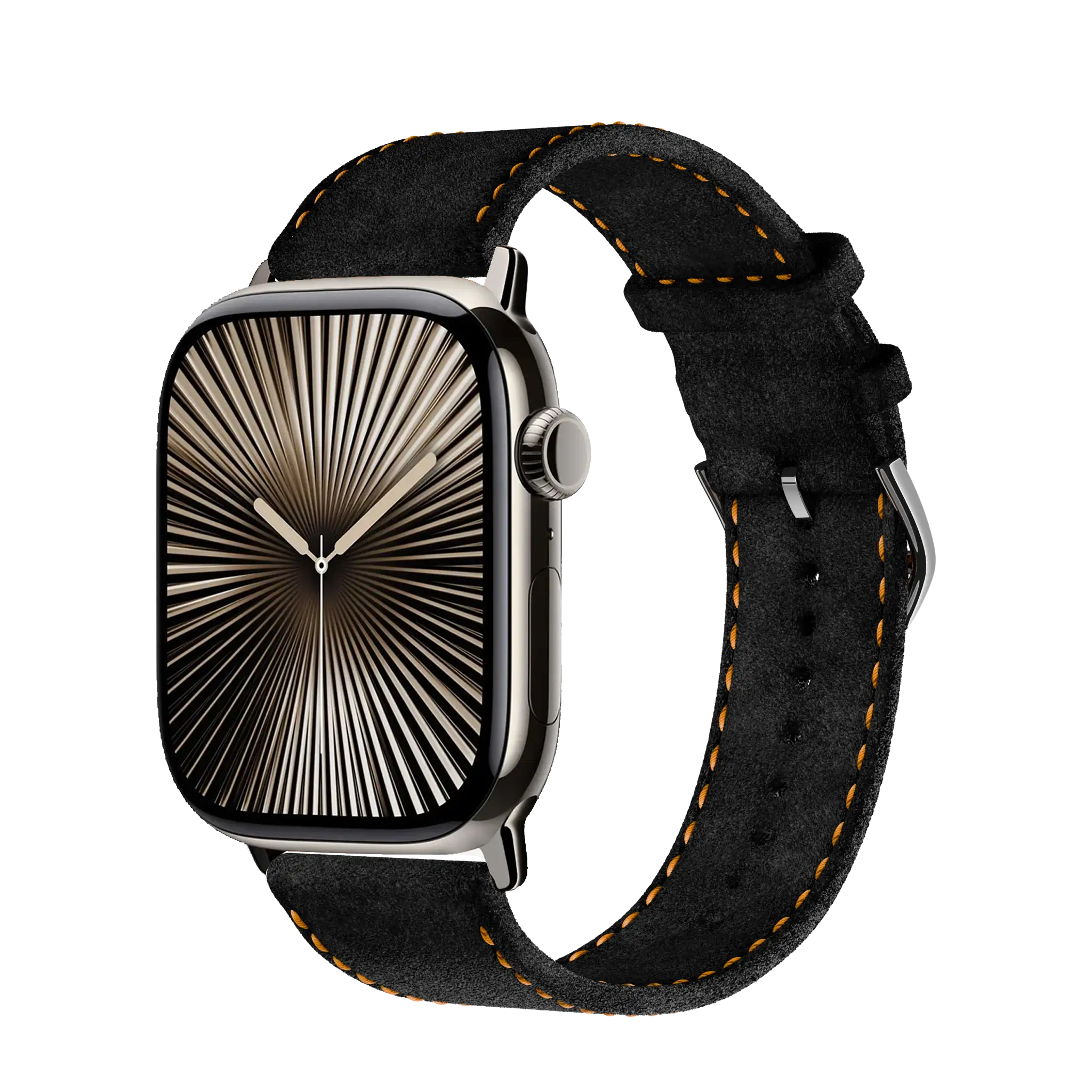 Tiefschwarz mit orangener Naht / 46mm / Titan Natur