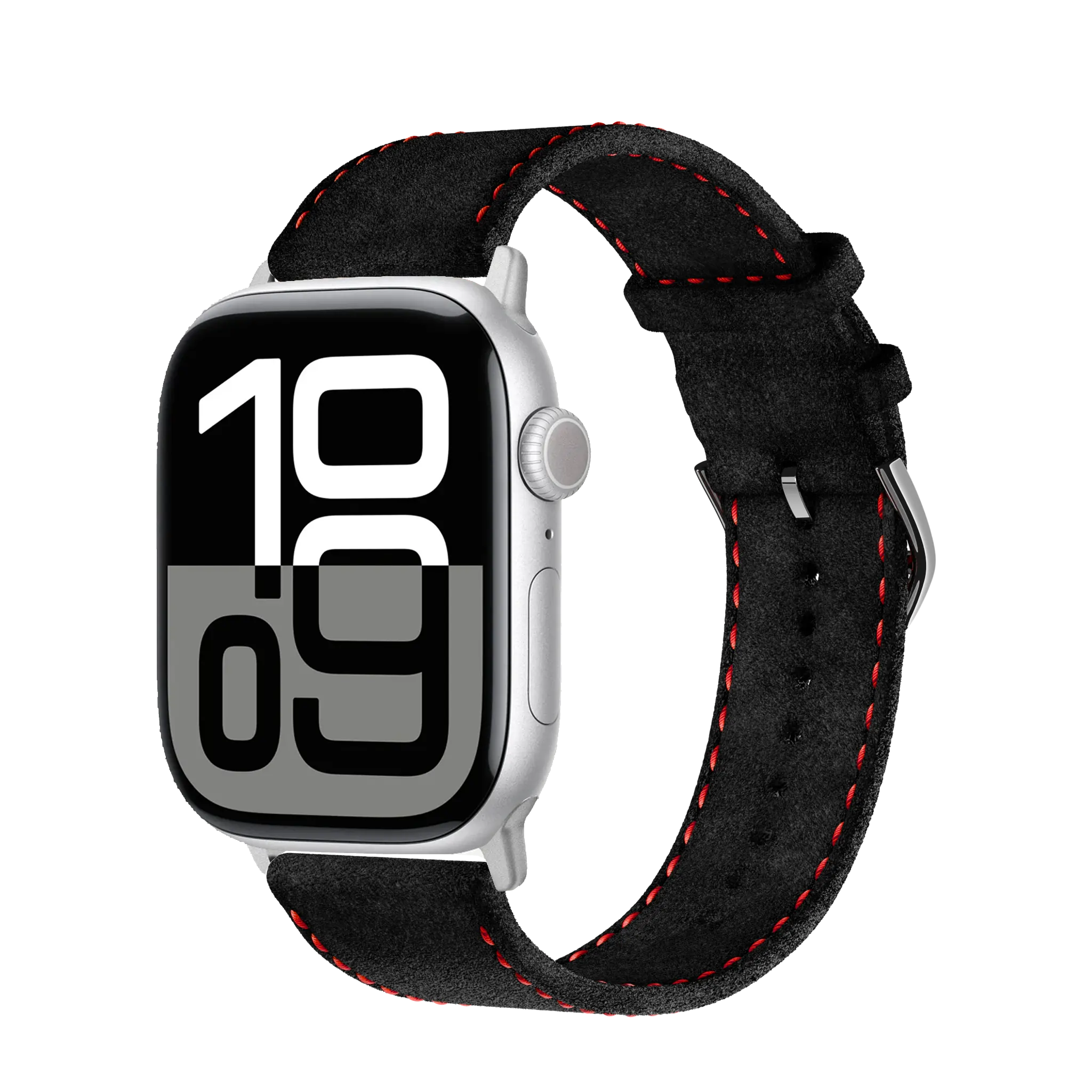 Tiefschwarz mit roter Naht / 46mm / Aluminium Silber